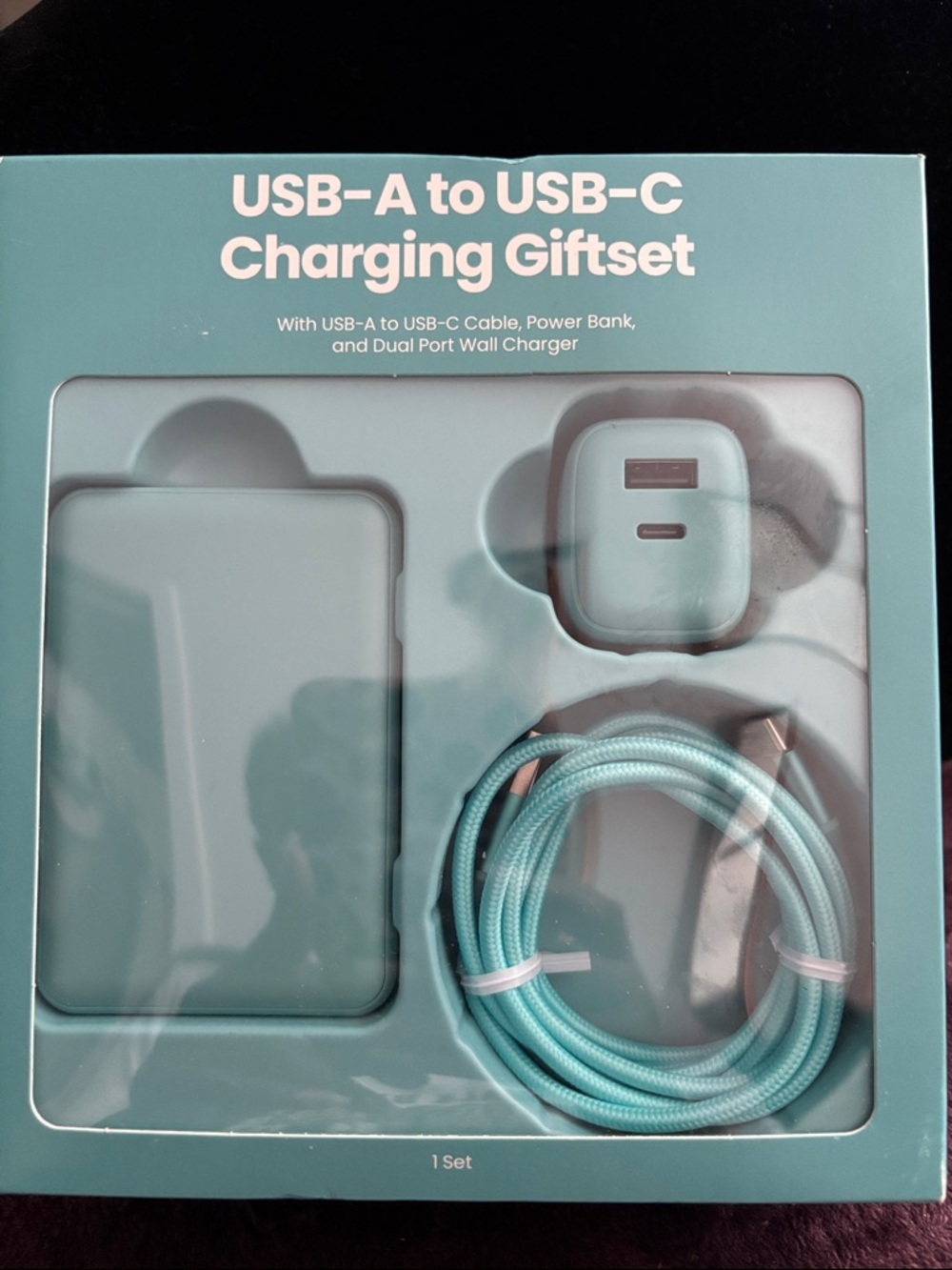 USB-A to USB-C Charging Giftset — Teal Power Bank, Wall Charger & Braided Cable